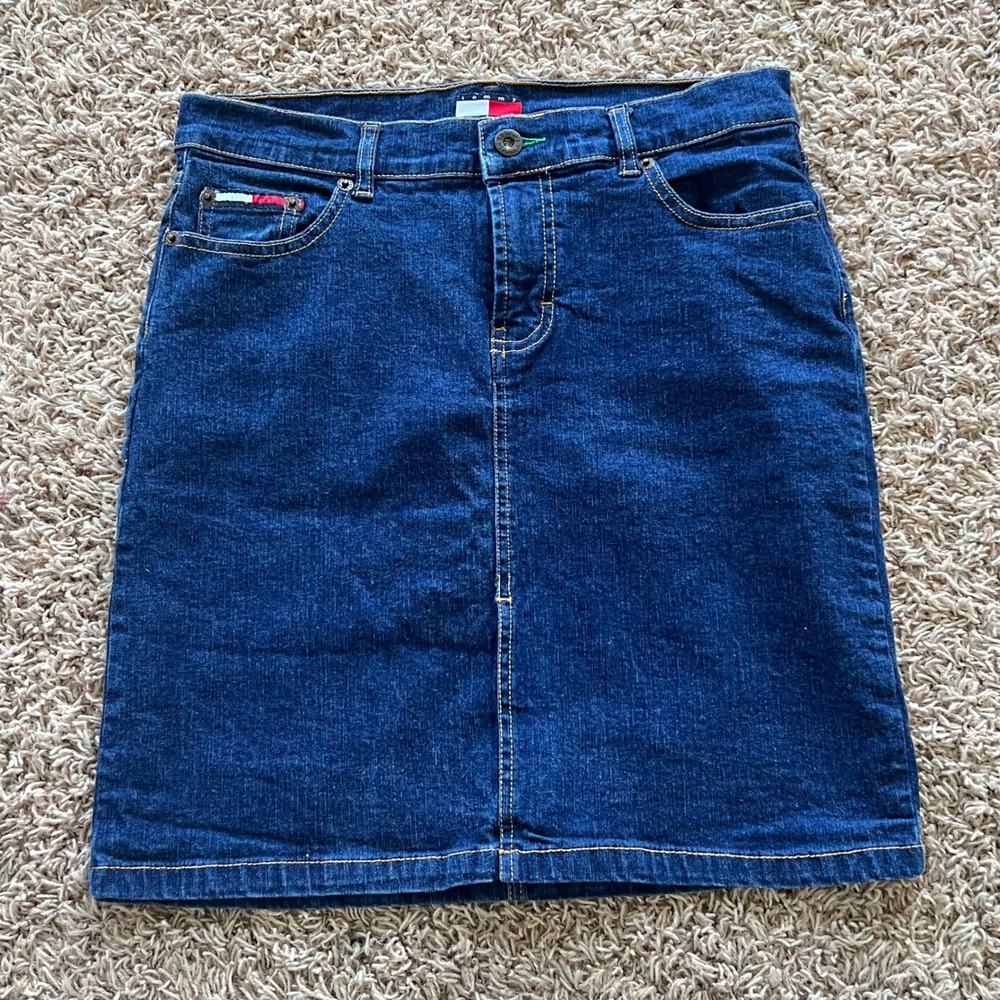 Tommy‎ Jeans Vintage Denim Mini Skirt Dark Wash 90s Flag Logo Womens Size 5